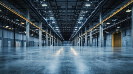 Obraz premium Spacious industrial warehouse interior with high ceilings and concrete floor