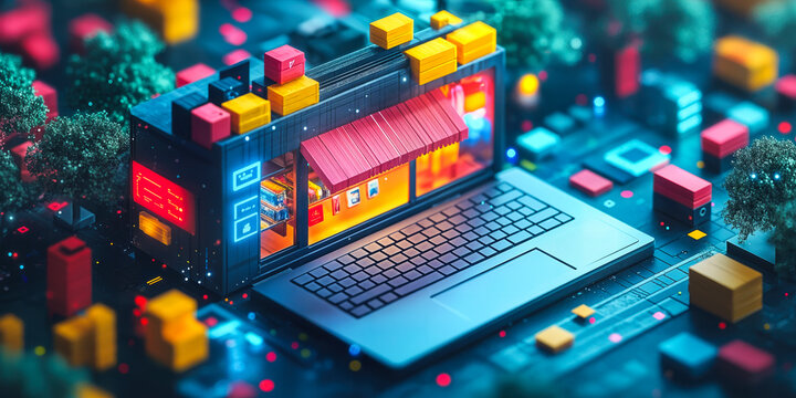 AI-enhanced e-commerce depiction with digital storefront emerging from laptop highlighting futuristic retail technology integration