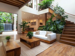 Tropicalinspired twostory living space with lush greenery, bamboo furniture, and an indoor waterfall