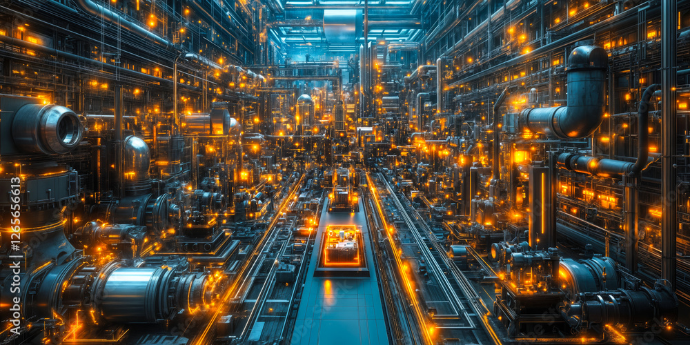 Poster futuristic industrial automation facility with illuminated machines and networked systems for effici