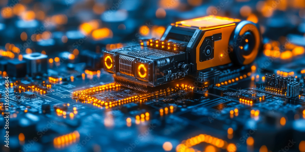 Poster futuristic robot on circuit board representing scalable automation technology in digital manufacturi