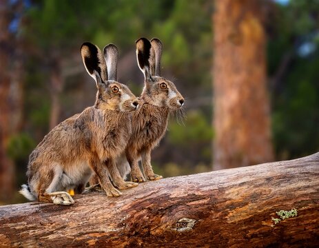dos liebres de monte macho y hembra en el suelo, mirando el camino de un bosque frondoso en oto&ntilde;odos liebres de monte macho y hembra en el suelo, mirando el camino de un bosque frondoso en oto&ntilde;o