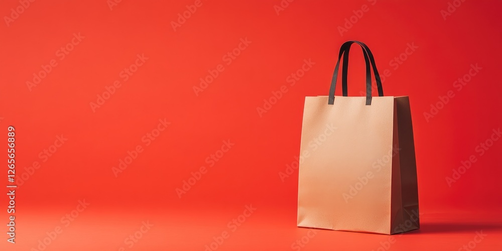 Poster kraft paper bag with handles standing upright on vibrant red solid background with even lighting and