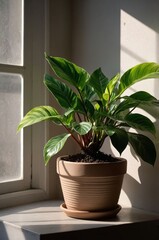 A vibrant green plant in a pot, illuminated by sunlight near a window.