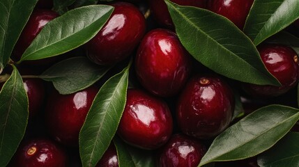 A close-up of shiny, fresh red dates with green leaves, highlighting their rich color and smooth texture.