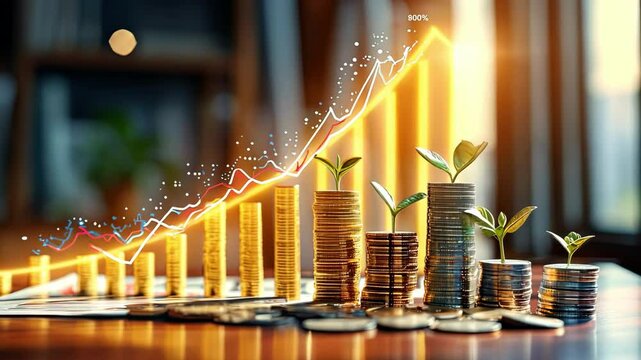 A dynamic representation of financial growth, showcasing coins and plants intertwined with analytics for a prosperous future.