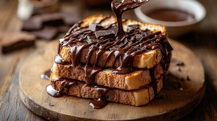 A crispy toast stack covered in smooth chocolate drizzle, blending rich flavors and textures in a visually appealing way.