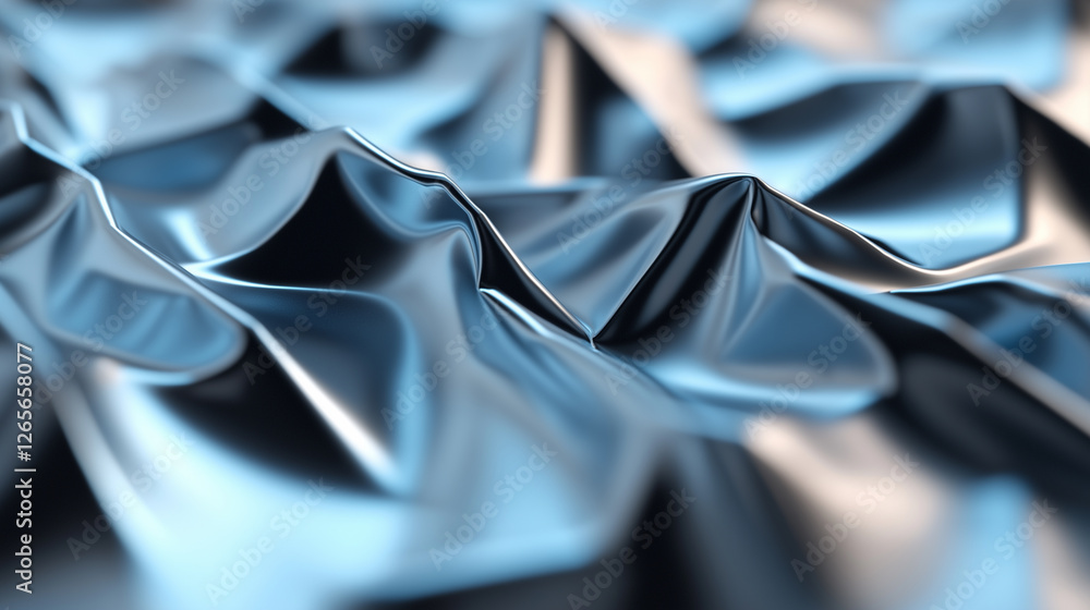 Poster a close-up of smooth, crumpled metallic fabric with reflective silver tones creating a futuristic an