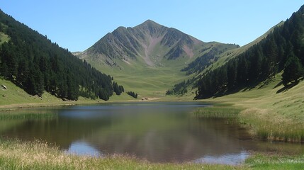 Mountain Lake Nestled Between Verdant Slopes and Pine Forests