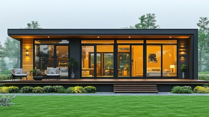 Modern tiny house exterior on a grassy lot at dusk
