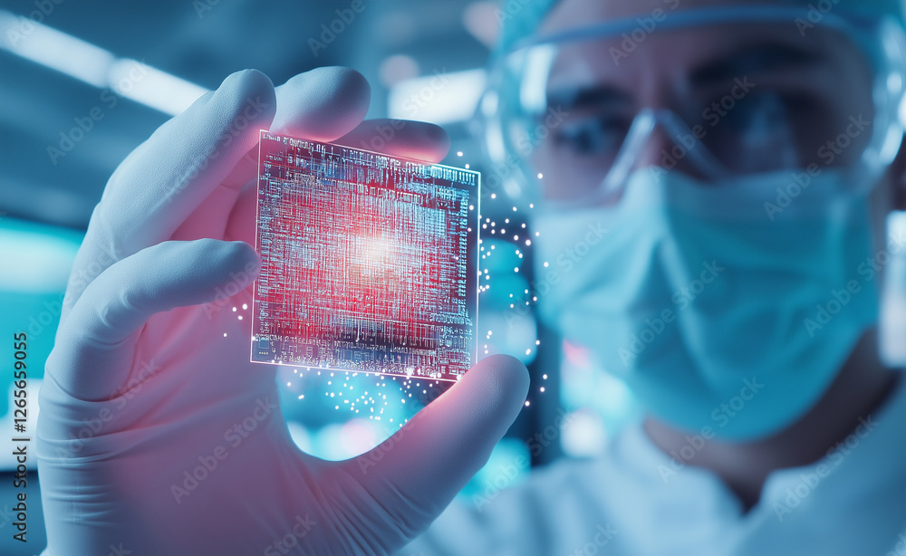 Poster a scientist in protective gloves examining a glowing microchip, representing innovation and advanced