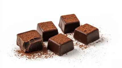 A close-up of dark chocolate cubes dusted with cocoa powder, showcasing a rich and indulgent treat.