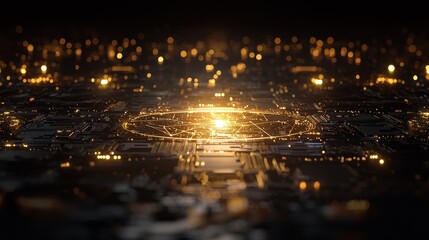 A glowing, abstract pattern of golden light against a dark background, reminiscent of digital circuits or a futuristic landscape.