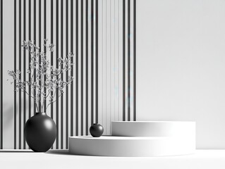 Minimalist Black and White Interior with Stairs and Vertical Lines