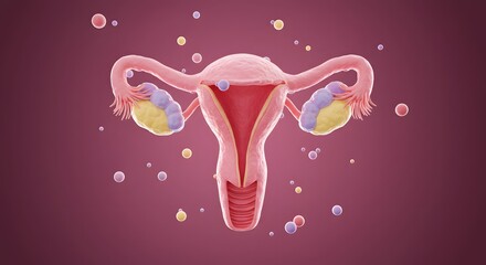 Female Reproductive System Anatomy with Uterus, Ovaries and Floating Hormones