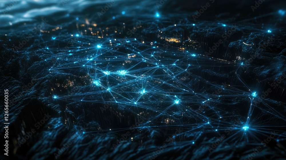 Poster a futuristic digital network with glowing blue nodes and connected lines, symbolizing technology and