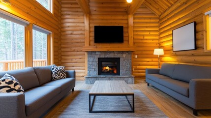 Naklejka premium Cozy twostory wooden cabin with exposed beams, a stone fireplace, and warm ambient lighting