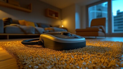 Modern vacuum cleaner on carpet in a cozy living room at night