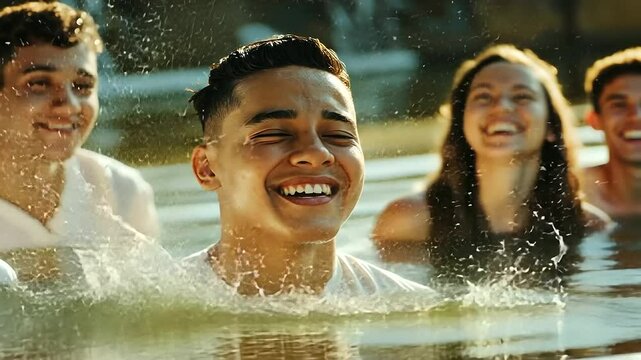 A joyful baptism ceremony at a riverside, where one friend watches with teary eyes as another publicly declares their faith, the water shimmering under the sunlight.
