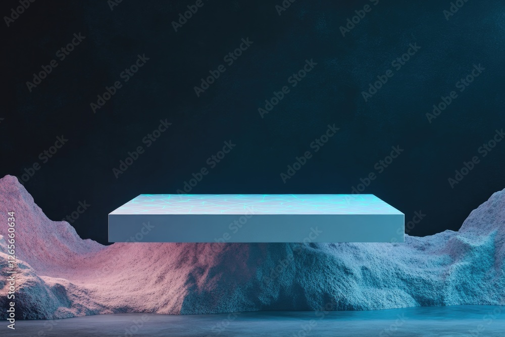 Poster minimalist podium with glowing geometric patterns floating above alien landscape with vivid biolumin