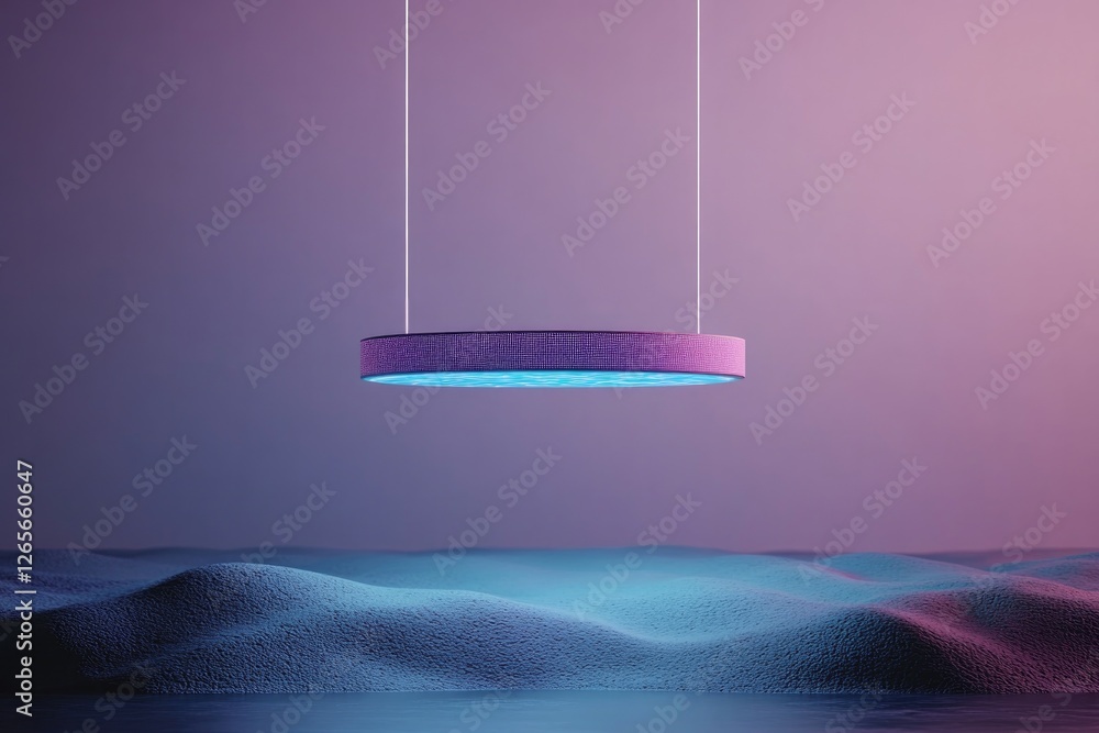 Poster minimalist podium with glowing geometric patterns floating above alien landscape with vivid biolumin