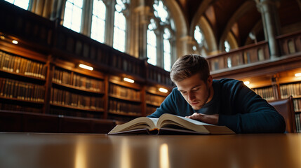 Fototapeta premium A young man studying an open book in a historic library with wooden bookshelves and warm lighting.
