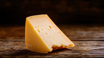 A wedge of yellow cheese with a bite taken out, resting on a rustic wooden surface, showcasing its texture and color.