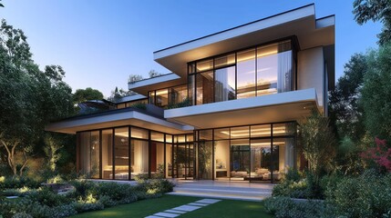 Fototapeta premium Modern Villa Evening Exterior, Lush Landscaping, City Views
