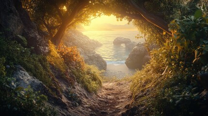 A hidden coastal trail bathed in soft golden light, winding through a rocky archway and surrounded by lush greenery.