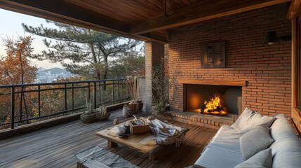 Inviting porch with fireplace overlooking scenic landscape and city