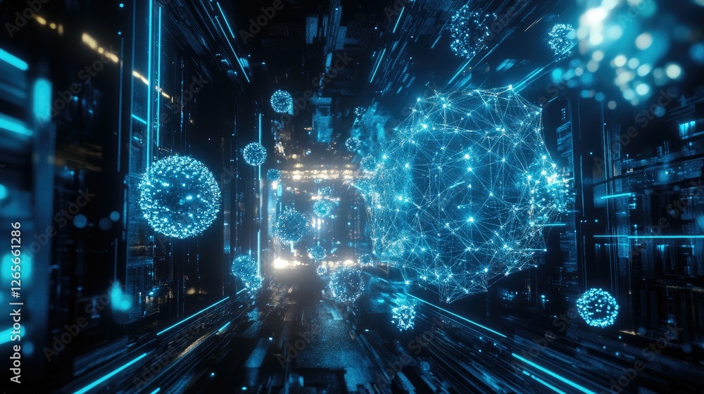 Poster a high-tech visualization of a network structure with dynamic connections and glowing blue elements.