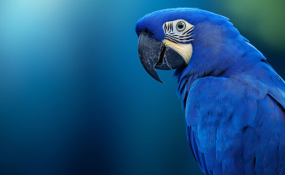 A majestic blue macaw with striking feathers and a sharp beak against a soft blurred blue background.