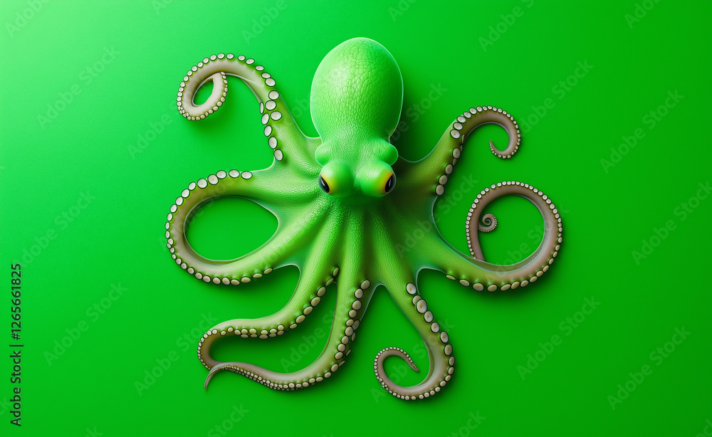 Poster a majestic green octopus with curling tentacles floating against a deep green background, creating a