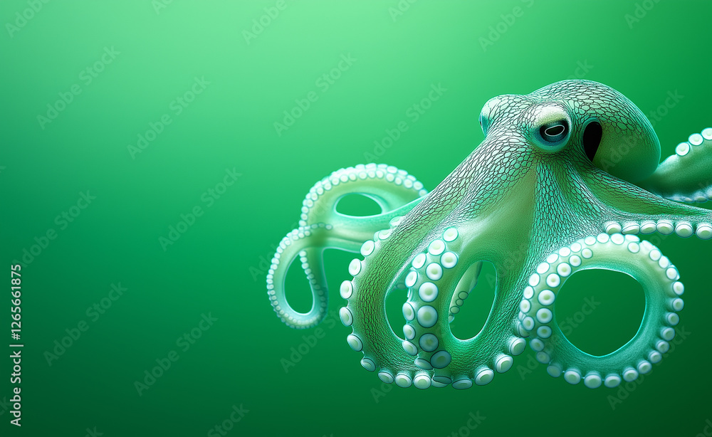 Poster a majestic green octopus with curling tentacles floating against a deep green background, creating a