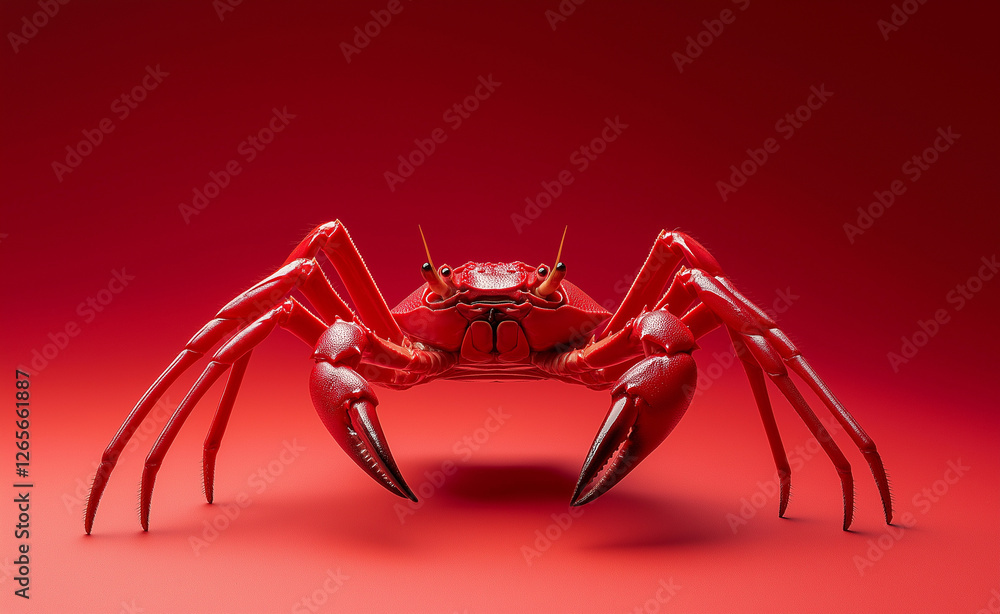 Poster a bold red crab with large sharp claws standing in a dramatic red environment, creating a striking c