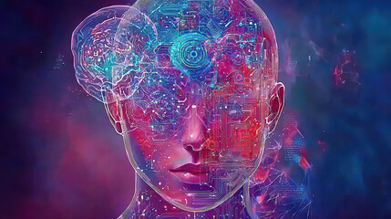 Naklejka premium AI generated with intricate fractal designs artwork a detailed painting with vibrant colors. Abstract Human Head with Digital Neural Network Visualization