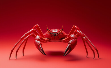 Fototapeta premium A bold red crab with large sharp claws standing in a dramatic red environment, creating a striking composition.