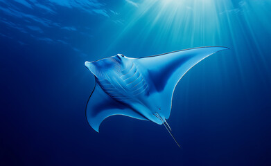 A majestic manta ray gliding through the deep ocean, illuminated by soft beams of light from above.
