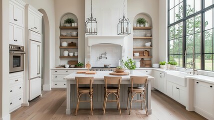 French countrysideinspired twostory kitchen with delicate floral patterns, soft pastels, and rustic charm