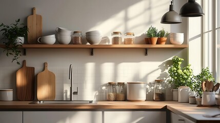 Warm and cozy Scandinavianstyle twostory kitchen with natural materials, soft lighting, and sleek design