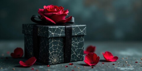 A mysterious black gift box adorned with an elegant dark ribbon and a single red rose, surrounded by scattered rose petals and glittering embellishments, creates an alluring and romantic atmosphere.