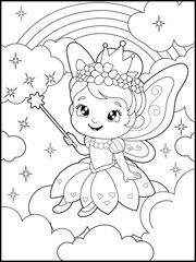 Black and white fairy coloring pages for kids. Children's coloring books with cute cartoon fairy characters, fun and educational materials for kindergarten.
