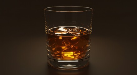 Elegant Whiskey Glass with Ice Cubes on a Dark Brown Background