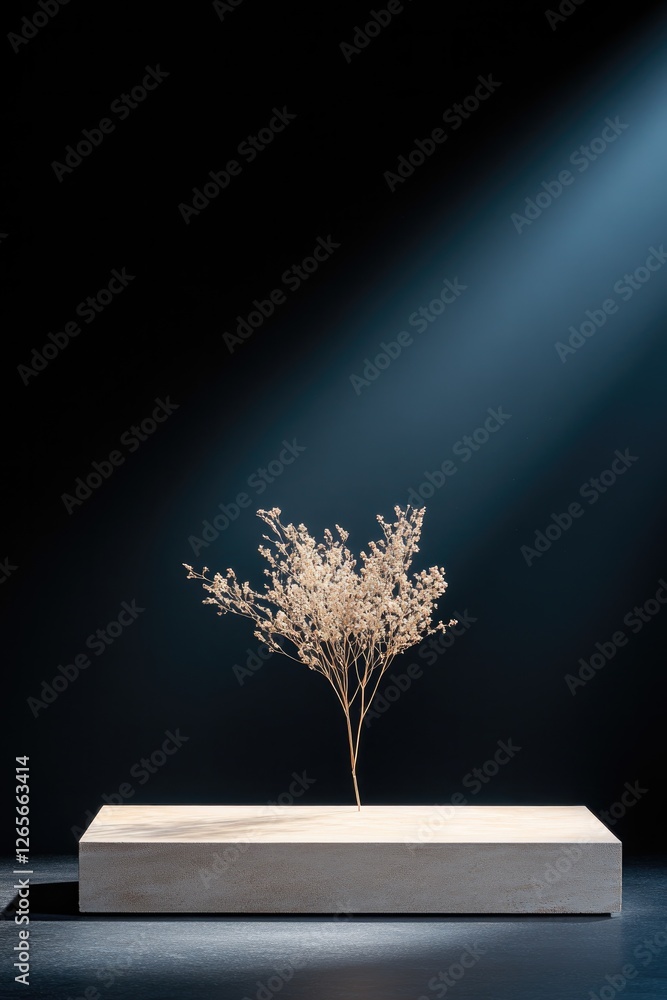 Poster platform adorned with dried flowers and botanical patterns softly illuminated to highlight its natur
