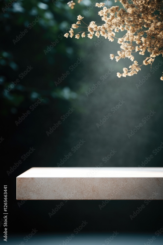 Poster platform adorned with dried flowers and botanical patterns softly illuminated to highlight its natur