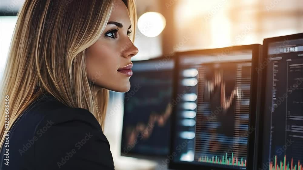 Poster a woman focused on financial data displayed on multiple computer screens, highlighting analysis or t