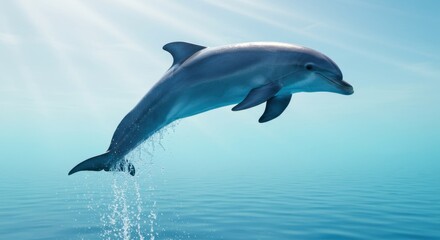 Fototapeta premium A Majestic Dolphin Leaping From the Ocean Under a Radiant Sunlight