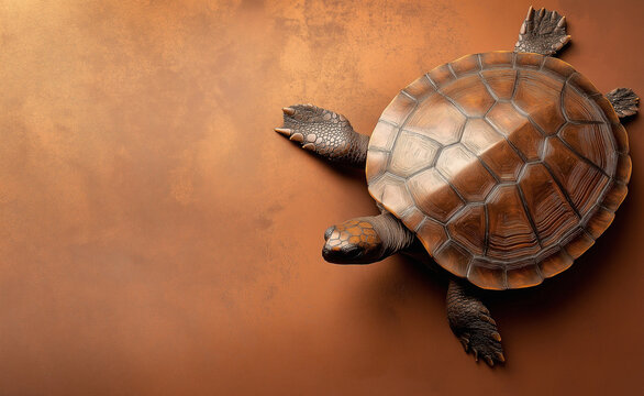 A brown tortoise with a textured shell walking on a warm-toned surface against a rustic brown background.
