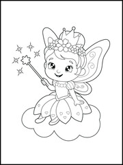 Black and white fairy coloring pages for kids. Children's coloring books with cute cartoon fairy characters, fun and educational materials for kindergarten.
