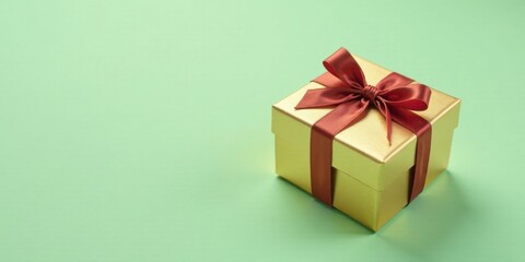 Obraz premium A single gold gift box with a maroon ribbon sits on a pale green background